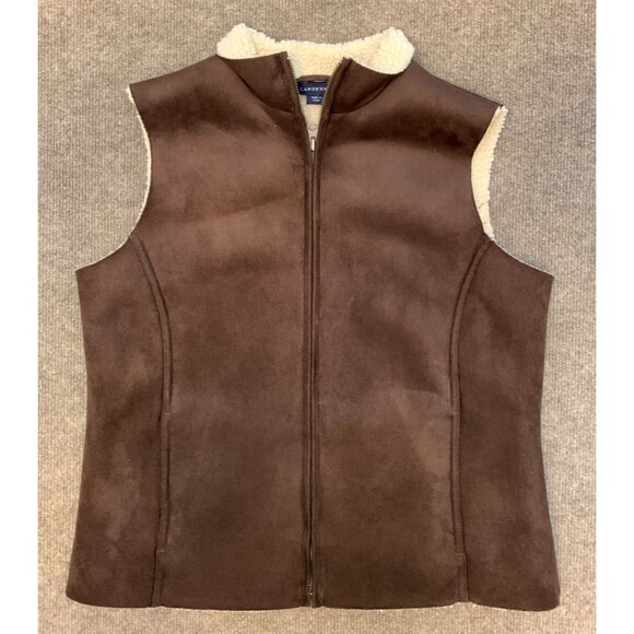Lands End Vest Womens S/P (6-8) Sherpa Shearling Lined Vegan Faux Suede Zip-Up - Picture 1 of 9
